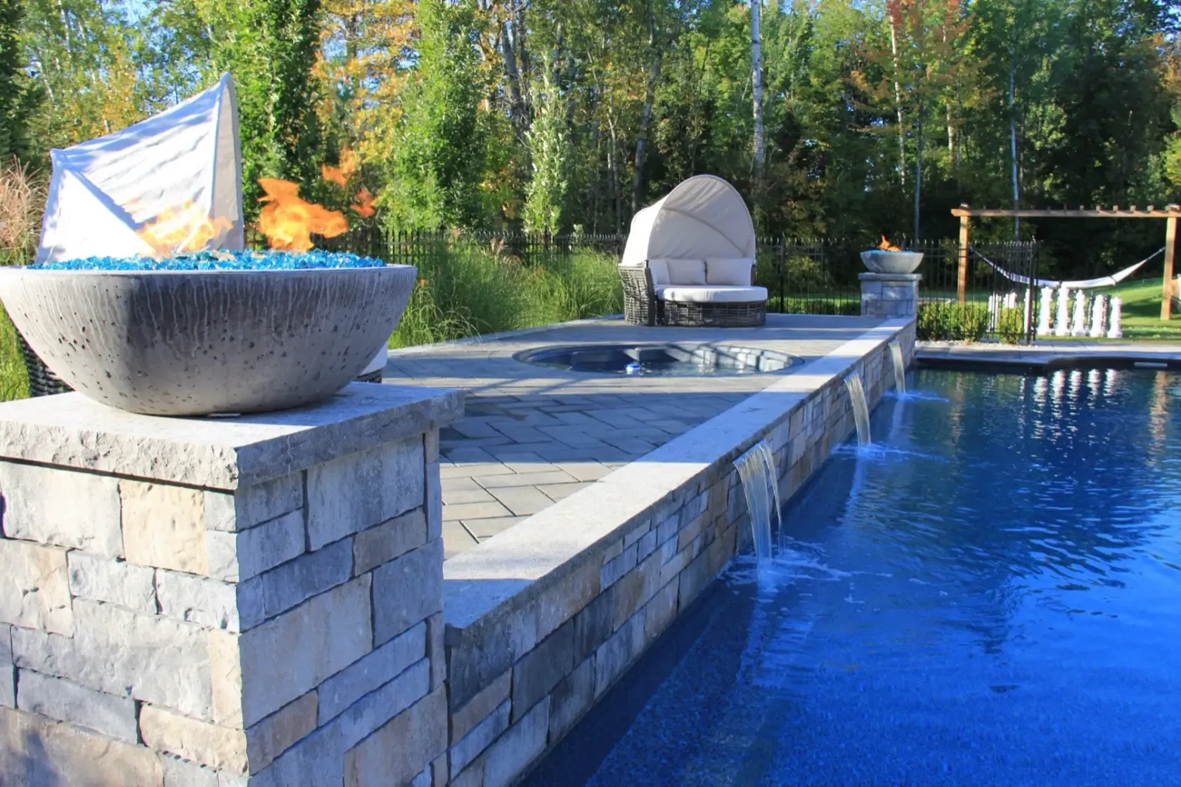 Fire and water features in evening light